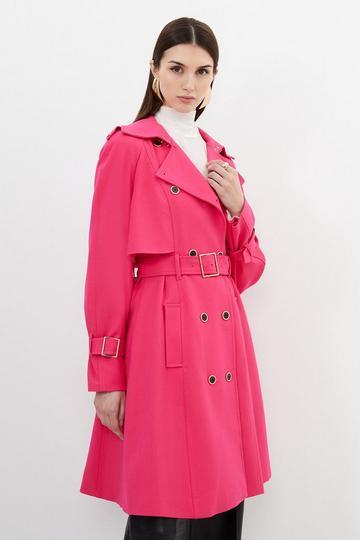 Pink Tailored Compact Stretch Full Skirt Belted Trench Coat