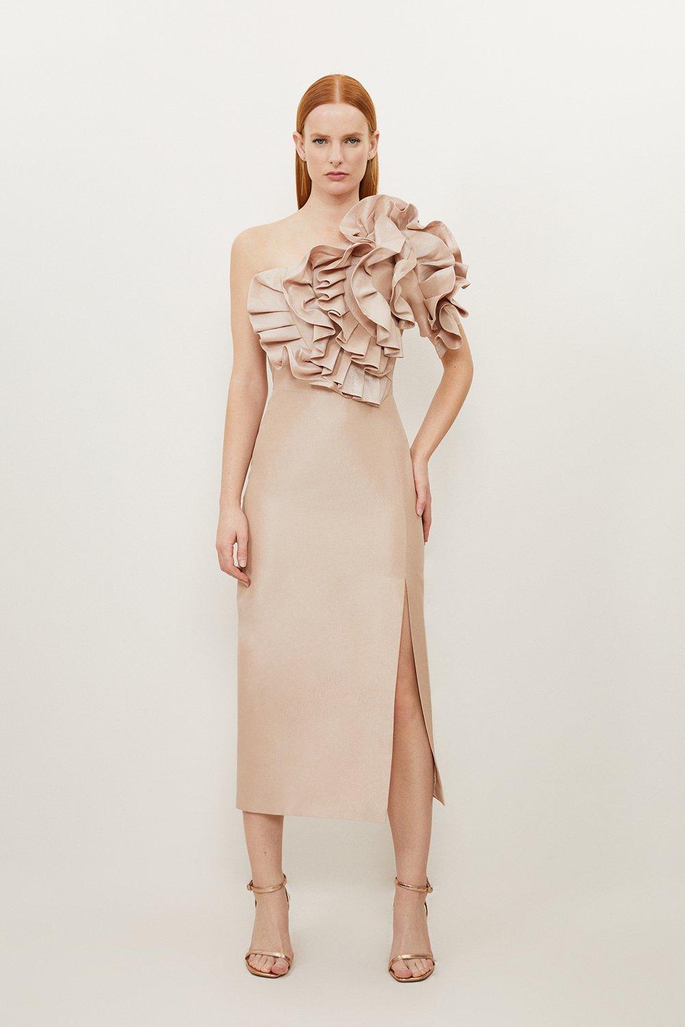 Tall Metallic Taffeta Rosette Maxi Bardot Dress - Champagne