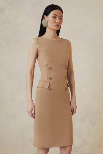 The Founder Compact Stretch Button Detail Woven Midi Dress camel