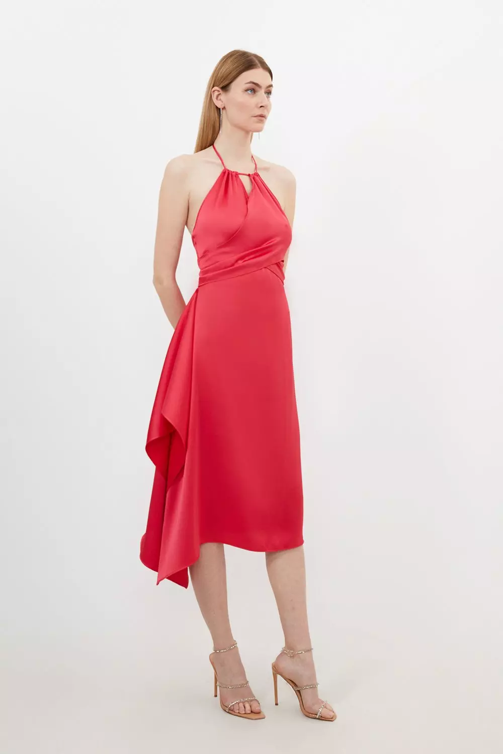 Draped satin long midi dress with ruffle, Designer Collection