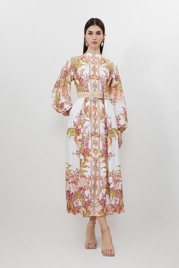 Multi Mirrored Floral Viscose Linen Button Down Midi Dress