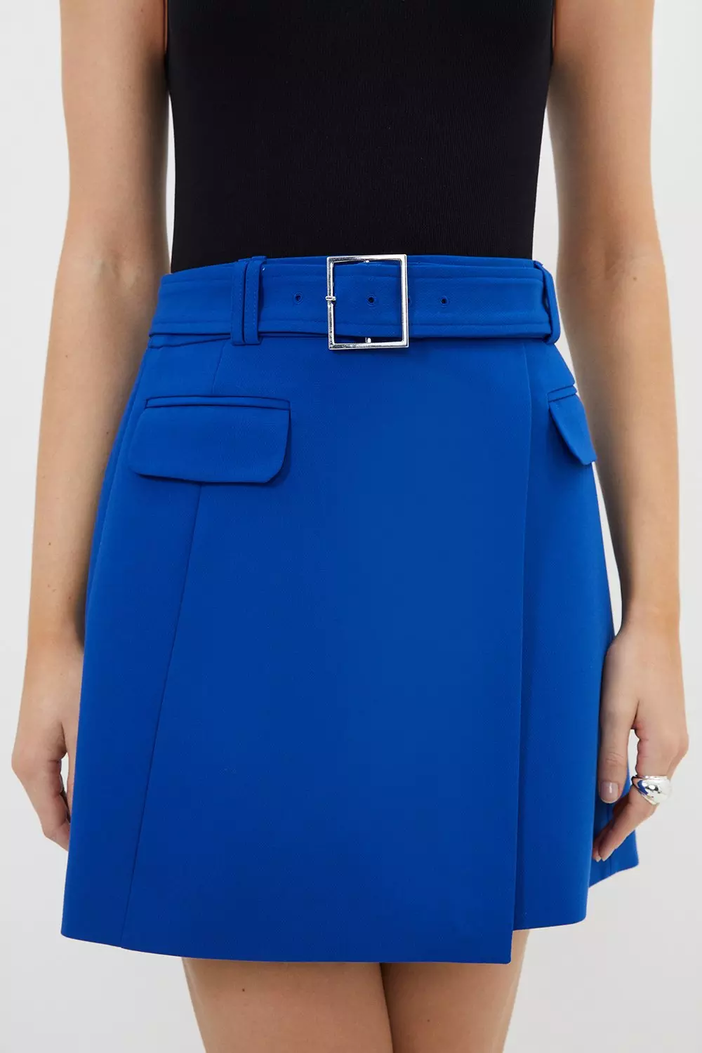 Clean Tailored Belted Wrap Mini Skirt