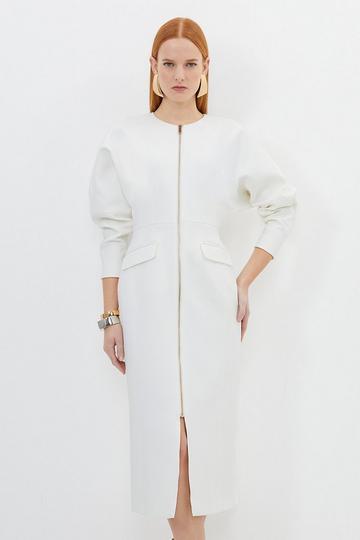 Compact Stretch Darted Waist Tailored Midi Dress ivory