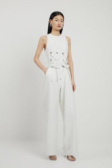 Compact Stretch Eyelet Detailed Ribbon Jumpsuit ivory