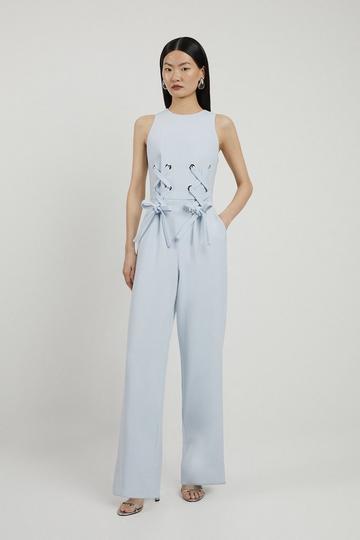 Compact Stretch Eyelet Detailed Ribbon Jumpsuit light blue