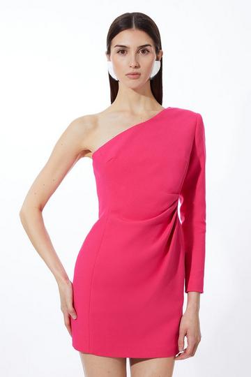 Pink Compact Stretch One Shoulder Pleated Waist Mini Dress