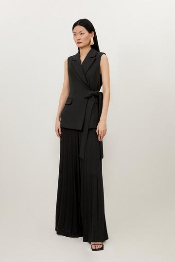 Black Compact Stretch Tie Blazer Soft Tailored Pleated Jumpsuit