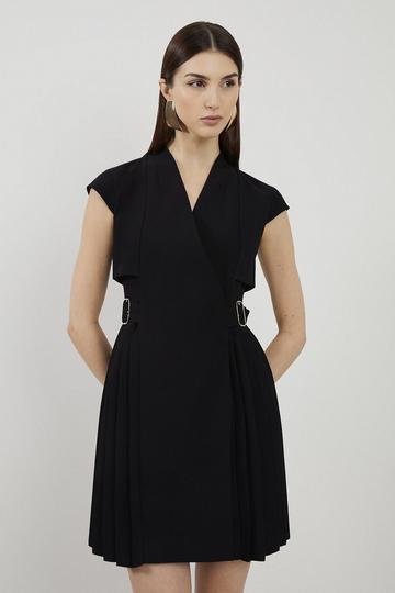 Black Tailored Crepe Pleated Collarless Mini Dress