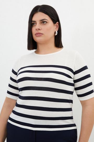 Stripe Multi Plus Size Cotton Blend Short Sleeve Knit Tee