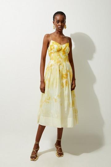 Yellow Petite Silk Cotton Trailing Floral Strappy Midi Dress