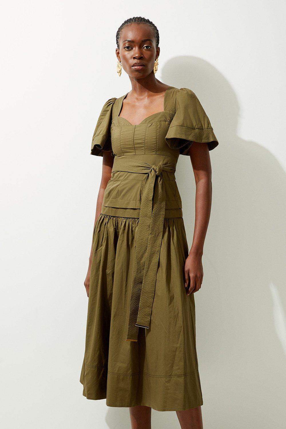 Drama Short Sleeve Tie Waist Woven Midi Dress - Khaki/Green