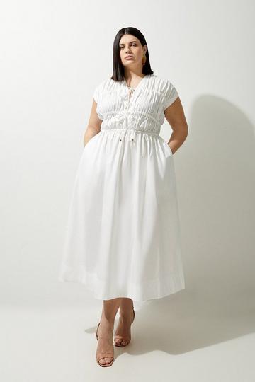 White Plus Size Shirred Bodice Tie Woven Midi Dress