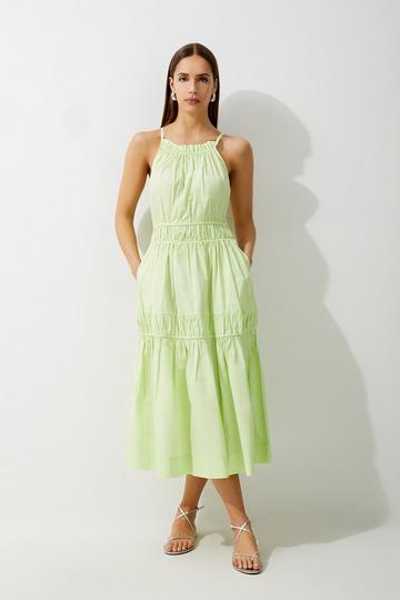 Cotton Woven Shirred Tiered Maxi Dress lime