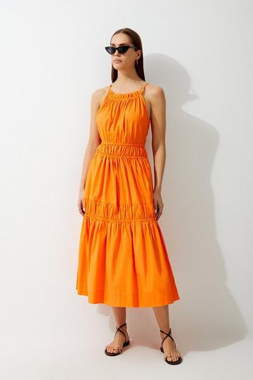 Cotton Woven Shirred Tiered Maxi Dress orange
