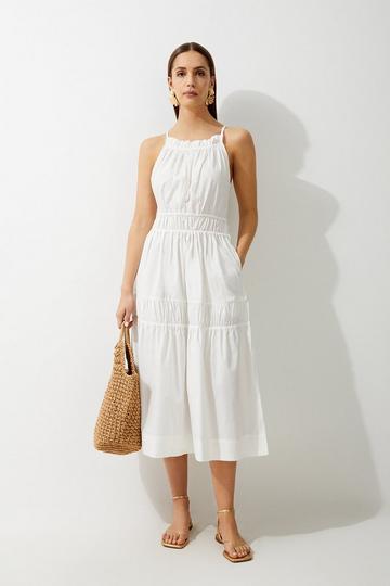 White Cotton Woven Shirred Tiered Maxi Dress