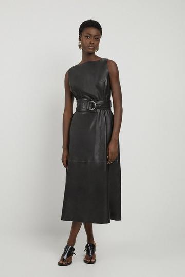 Leather Asymmetric Belted Full Skirted Maxi Dress black