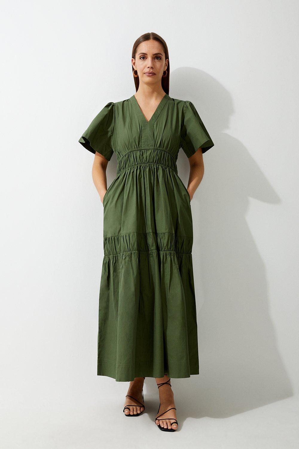 Cotton Woven Shirred Tiered Short Sleeve Maxi Dress - Khaki/Green