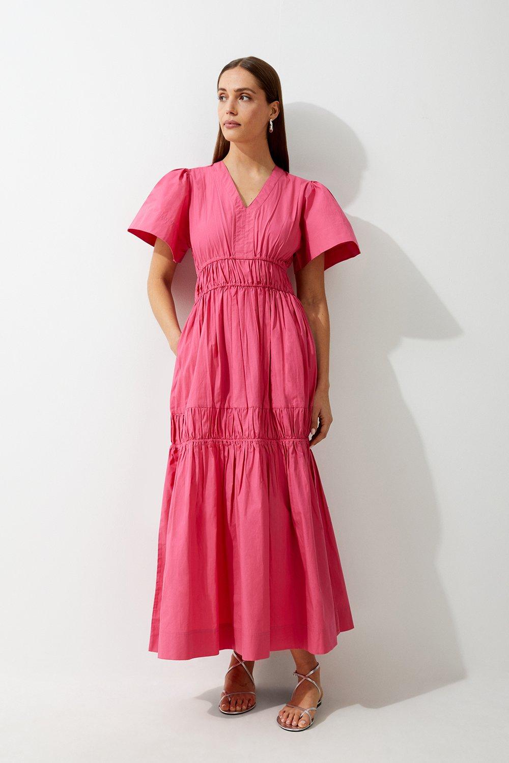 Cotton Woven Shirred Tiered Short Sleeve Maxi Dress - Pink