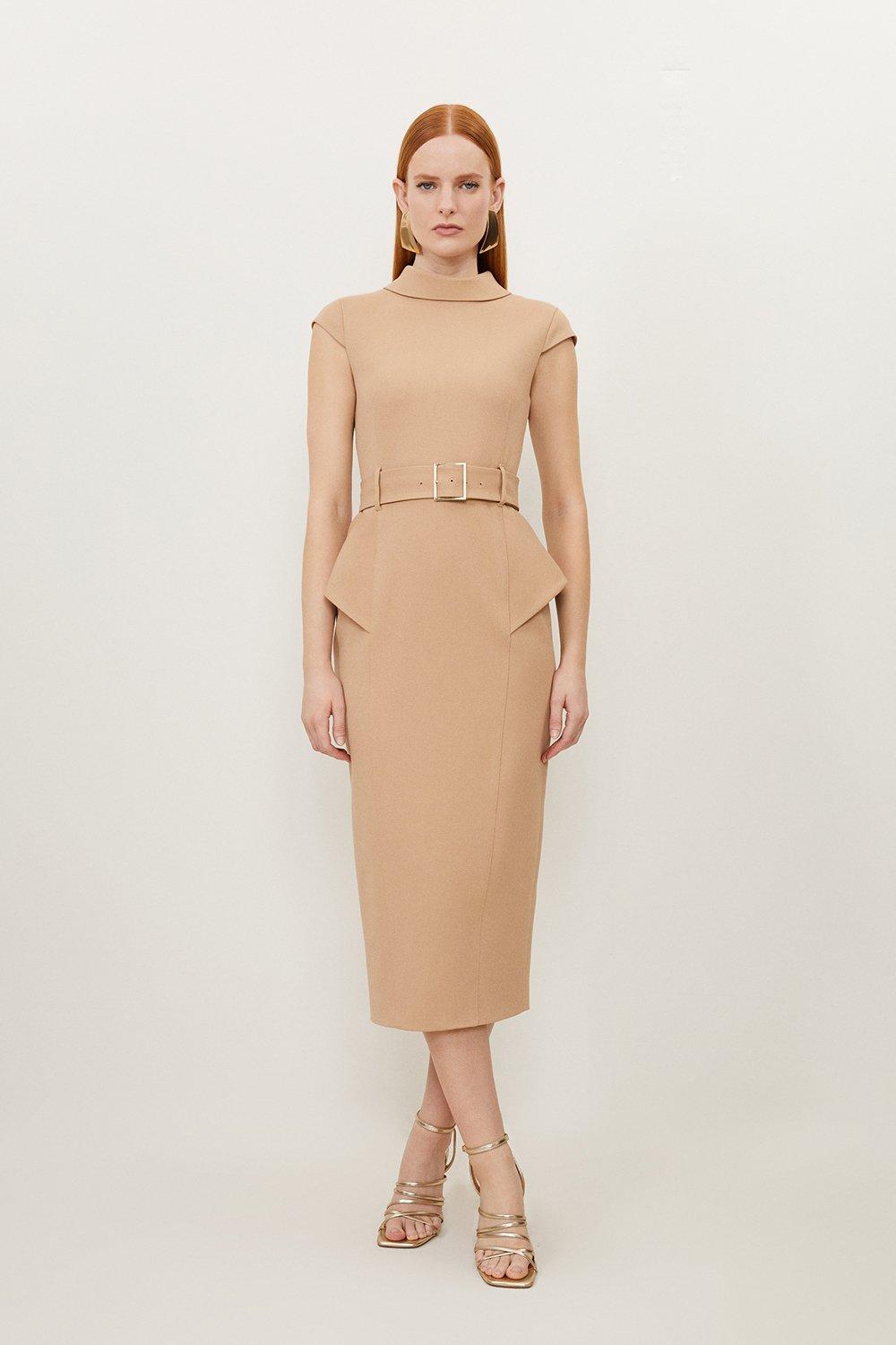 Petite Structured Crepe Roll Neck Peplum Belted Midi Dress - Camel