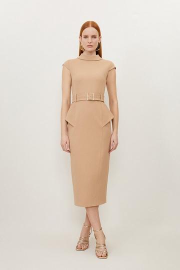 Petite Structured Crepe Roll Neck Peplum Belted Midi Dress camel