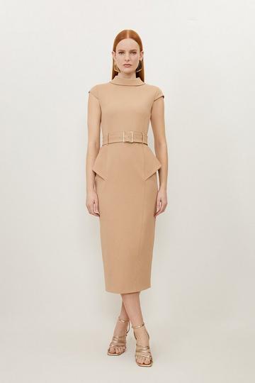 Structured Crepe Roll Neck Peplum Belted Midi Dress camel
