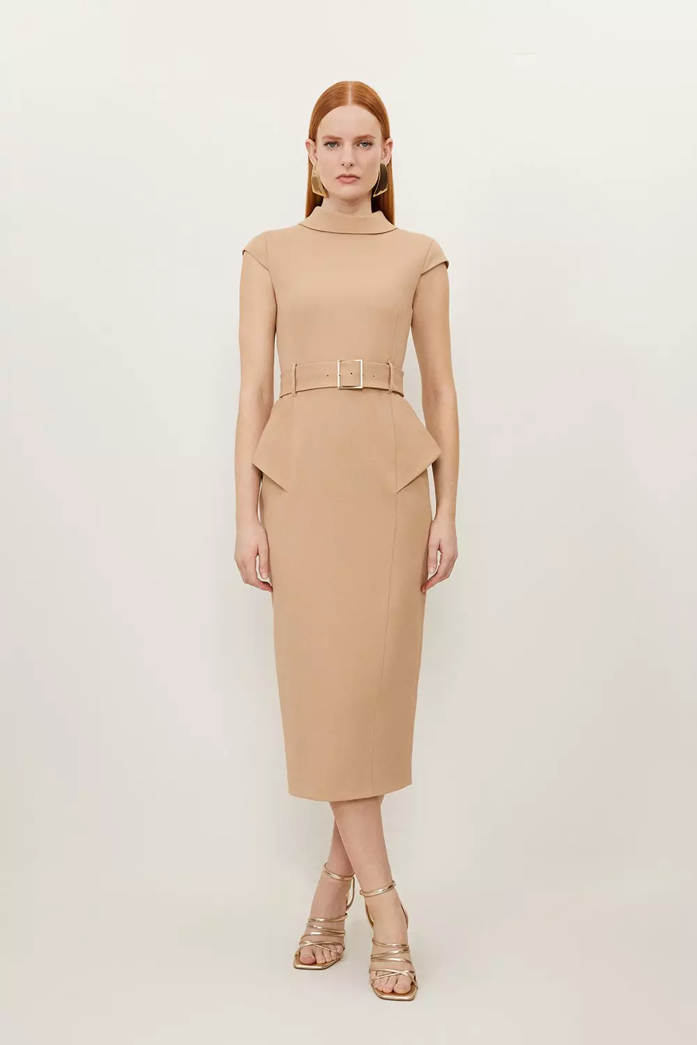 Structured Crepe Roll Neck Peplum Belted Midi Dress