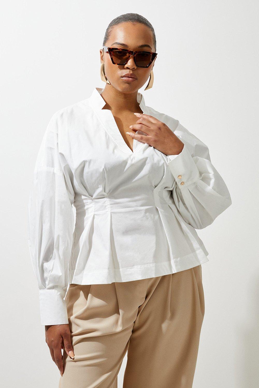 Plus Poplin Balloon Sleeve Buttoned Pintuck Woven Shirt - White