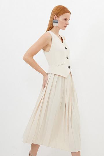 Tailored Crepe Pleated Skirt Waistcoat Midi Dress ivory