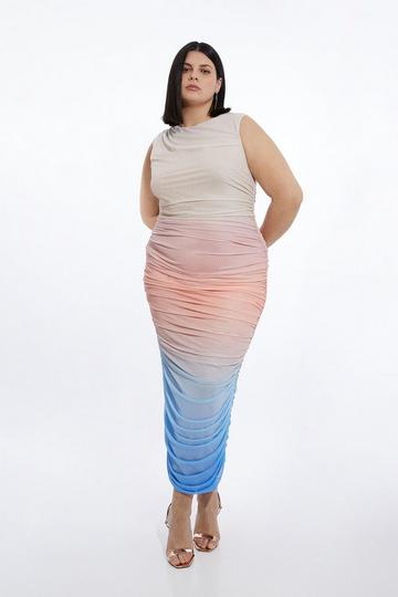 Plus Size Sunset Ombre Mesh Ruched Jersey Maxi Dress multi