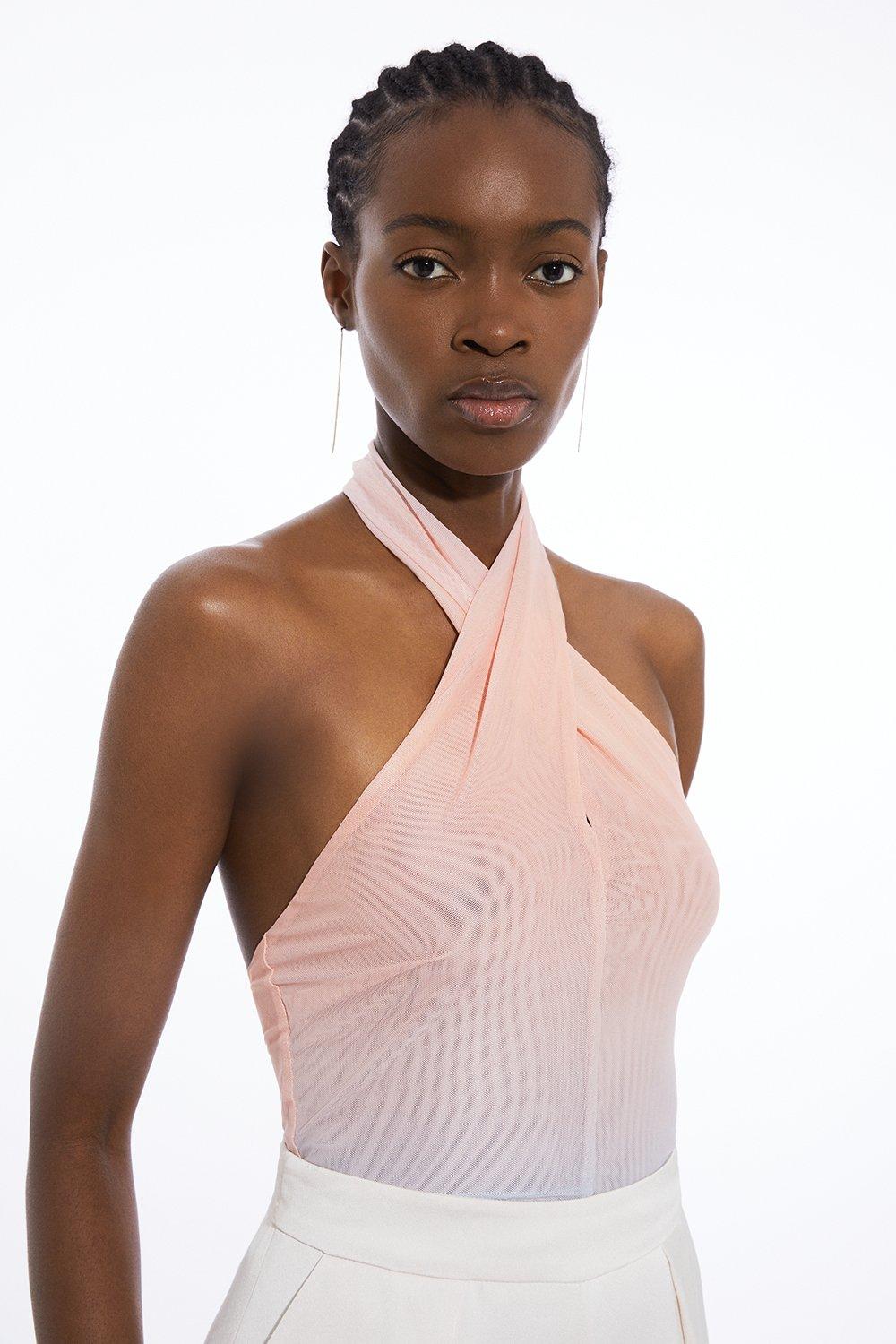 Sunset Ombre Mesh Cross Halter Jersey Bodysuit