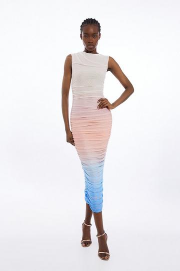 Sunset Ombre Mesh Ruched Jersey Maxi Dress multi