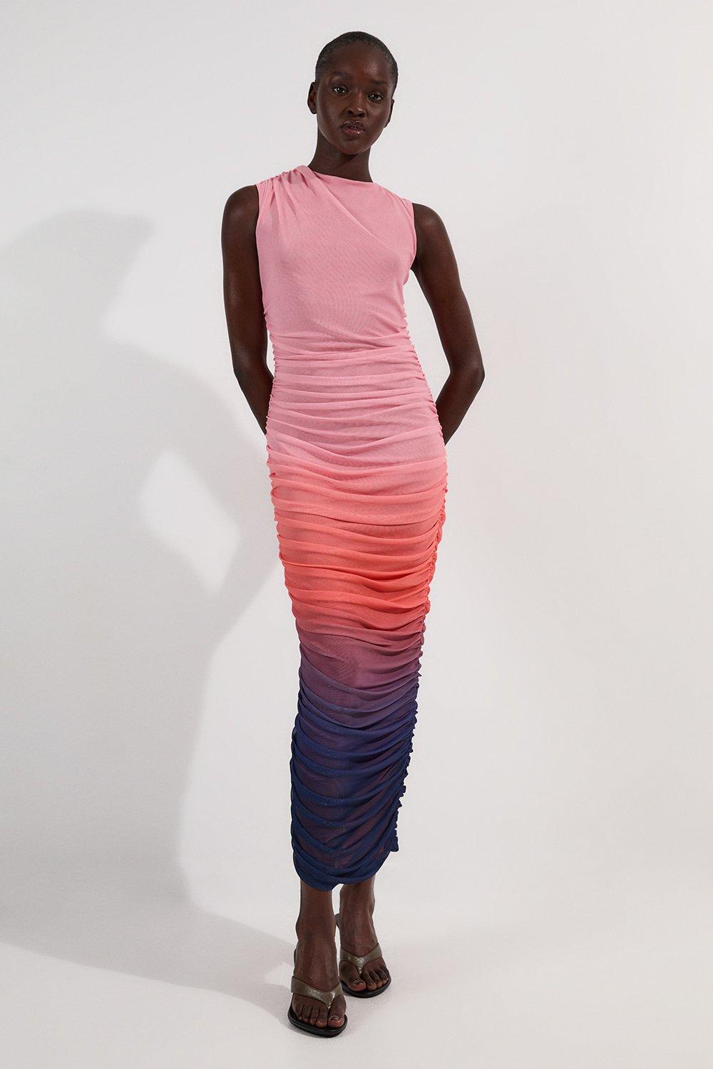 Sunset Ombre Mesh Ruched Jersey Maxi Dress - Pink