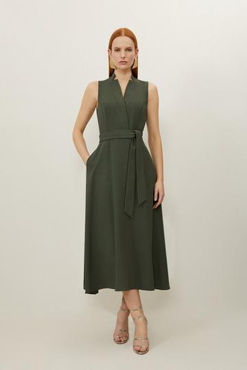 Khaki Tailored Crepe Full Skirted Maxi Dress