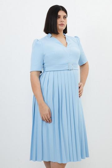 Blue Plus Size Structured Crepe Forever Pleated Midi Dress