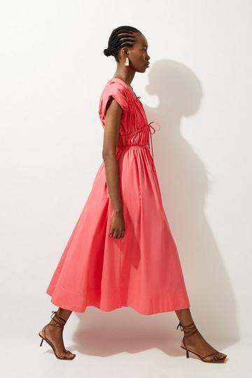 Shirred Bodice Tie Woven Midi Dress pink