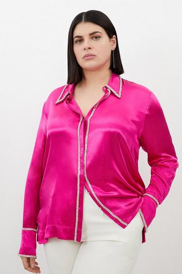 Pink Plus Size Diamante Trim Viscose Satin Shirt