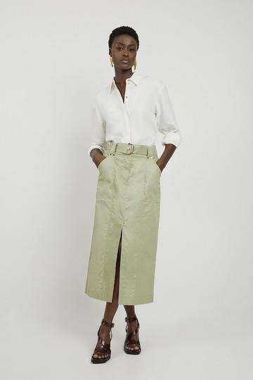 Cotton Sateen Woven Cargo Midi Skirt khaki