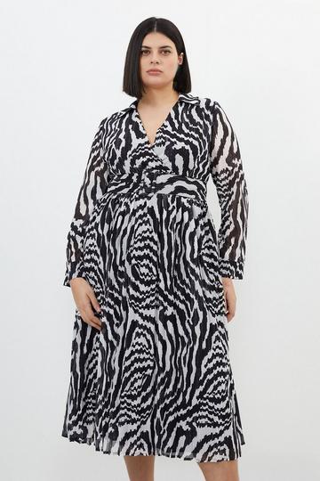 Plus Size Mono Swirl Woven Belted Pleated Midi Dress mono