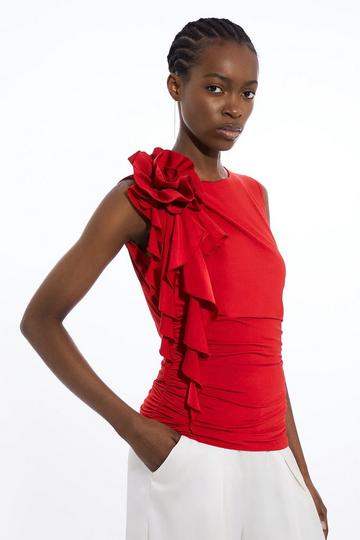 Red Dramatic Rosette Slinky Jersey Top