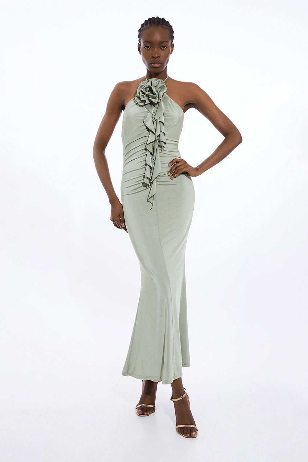 Tall Backless Tie Rosette Slinky Jersey Maxi Dress - Sage