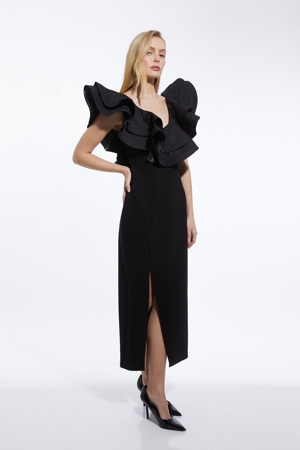 Ruffle Ponte And Cotton Mix Jersey Side Split Maxi Dress - Black