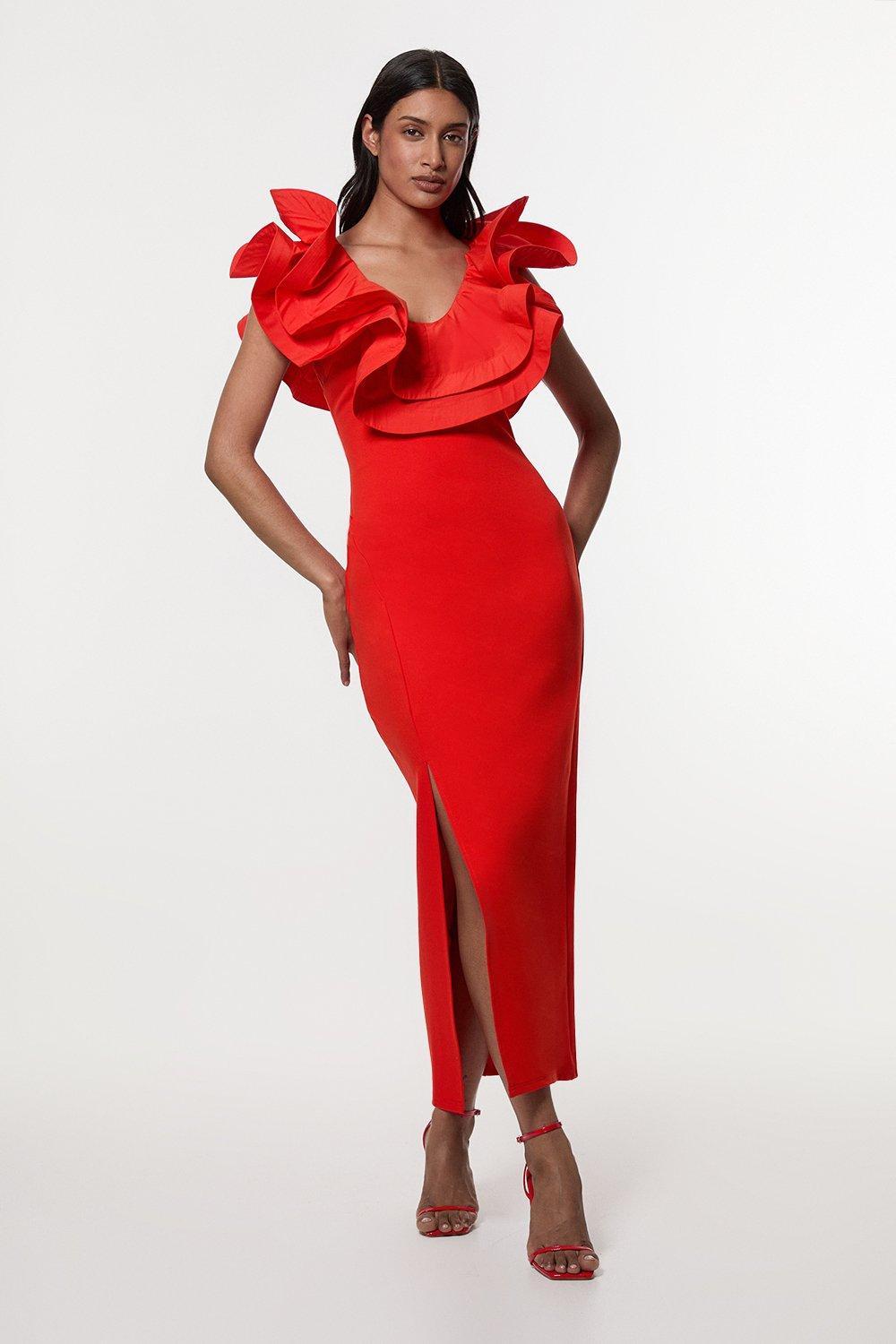 Ruffle Ponte And Cotton Mix Jersey Side Split Maxi Dress - Orange