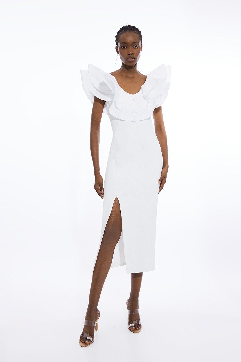 Ruffle Ponte And Cotton Mix Jersey Side Split Maxi Dress - White