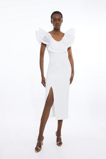 White Ruffle Ponte And Cotton Mix Jersey Side Split Maxi Dress