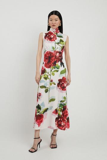 Rose Print High Neck Drapey Crepe Jersey Maxi Dress floral
