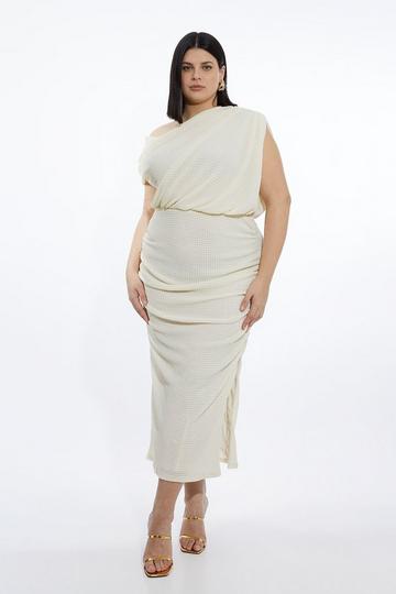 Plus Size One Shoulder Ruched Textured Jersey Maxi Dress ivory