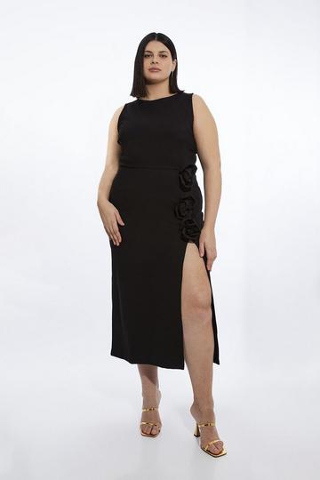 Black Plus Size Rosette Ponte Jersey Slit Maxi Dress
