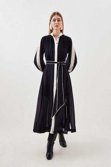 Black Petite Military Mono Belted Long Sleeve Woven Midi Dress