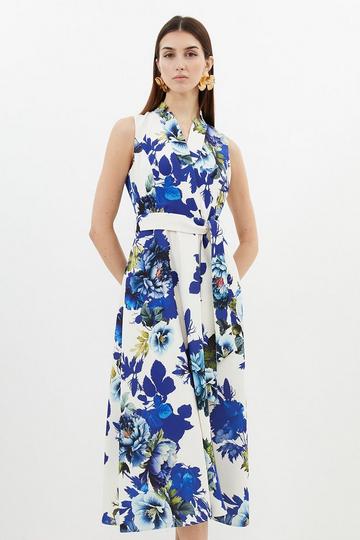 Tailored Crepe Floral Full Skirted Maxi Dress floral