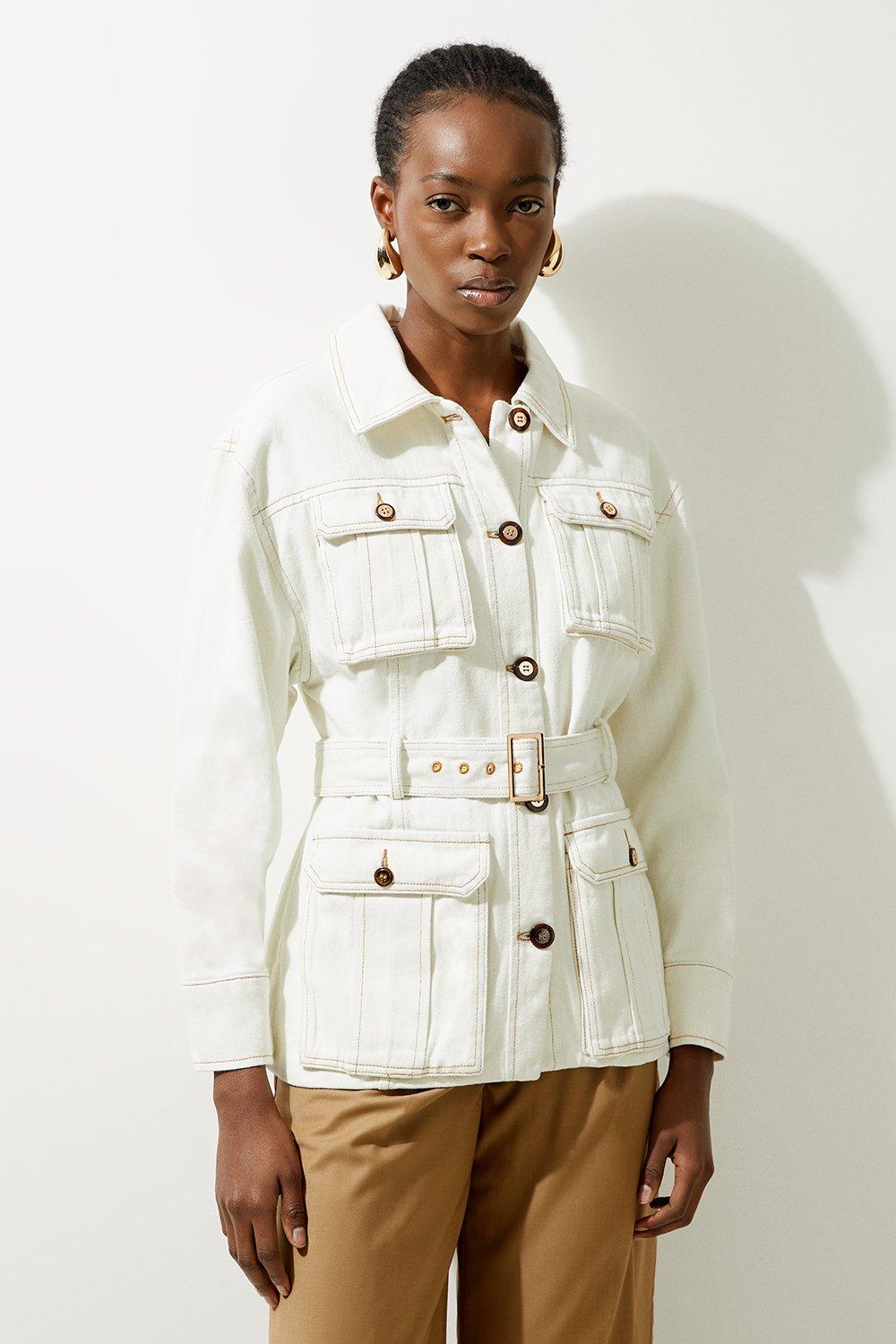 Denim Pocket Detail Belted Safari Jacket - Cream